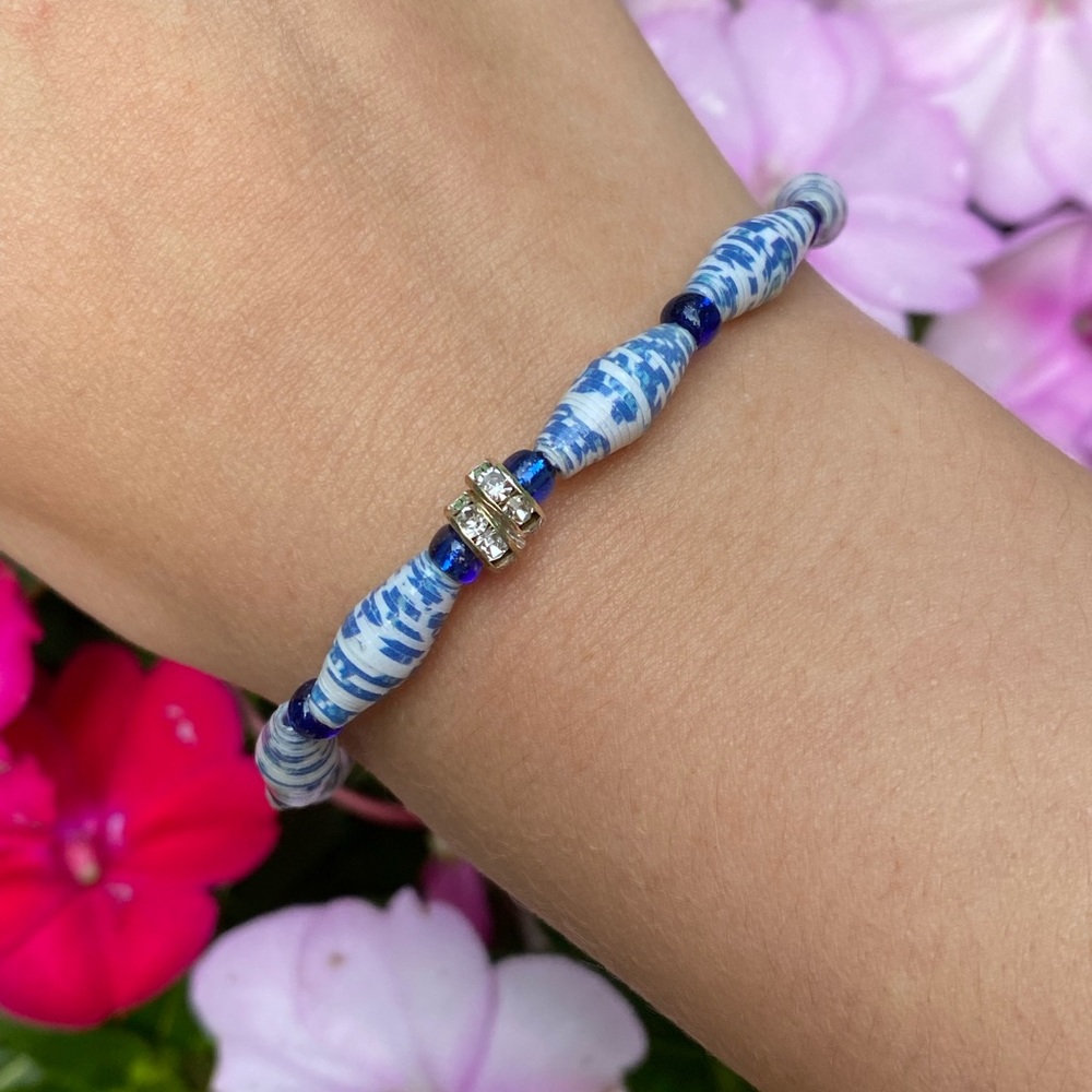 Handmade Recycled Paper Bead Stretch Bracelet Blue/White China Color Glass Bead